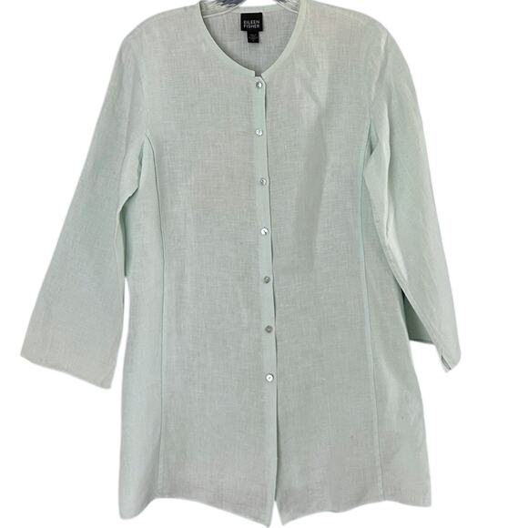 Eileen Fisher 100% Irish Linen Mandarin Collar Shirt Women's Small Mint Green - Picture 1 of 5